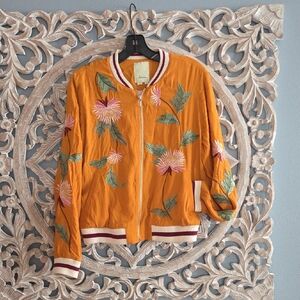 Elevenses Anthropology Mustard Bomber Jacket with Floral Design Size XS